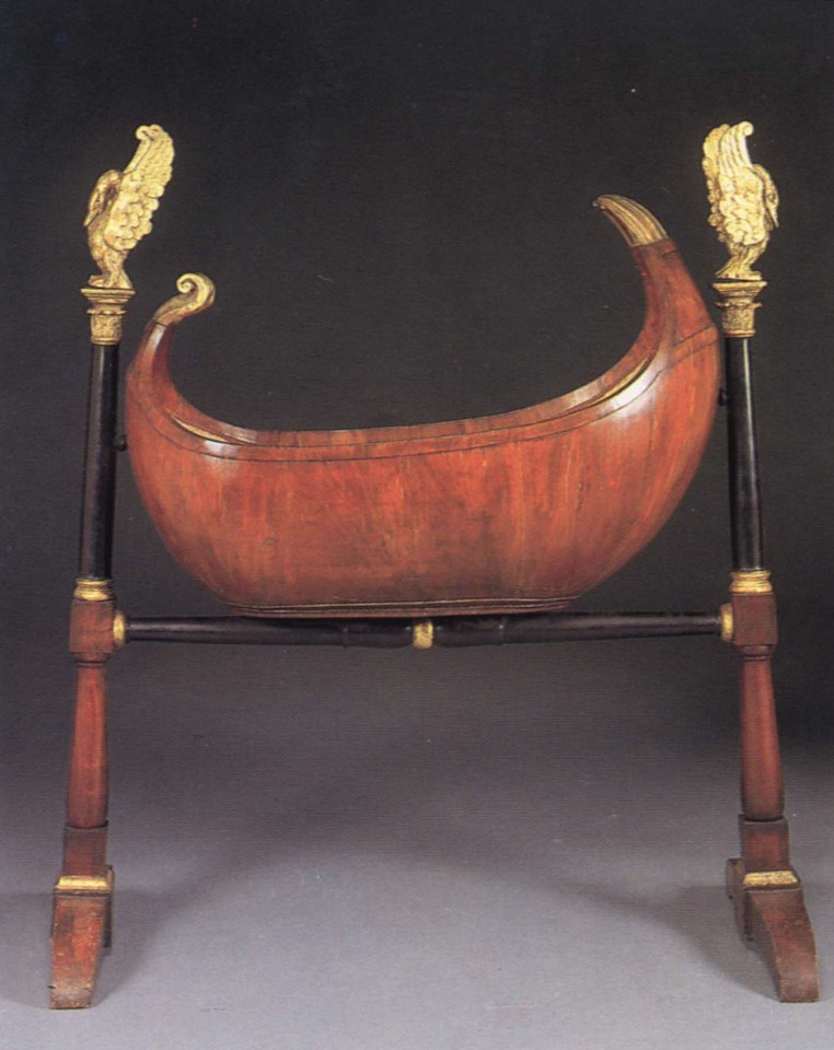 19th Century AUSTRIAN ,   Biedermeier Black Walnut, Ebonized and Parcel-Gilt Cradle  ,  1800-1825  
  Mixed woods ,  59 1/2 x 49 1/4 x 20 1/2 in. (151.1 x 125.1 x 52.1 cm)  
  Rocking crib raised on ebonized columnar supports with corinthian capitals supporting later giltwood swans, the supports joined by a baluster-shaped stretcher ending in trestle legs.  
  BIE-003-FU  
   Appraisal Value : $0.00 
 Location : $0.00 
 User3 : $0.00